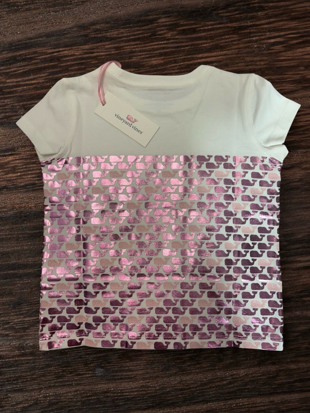 Vineyard Vines White Tee with Pink Metallic Whale Pattern